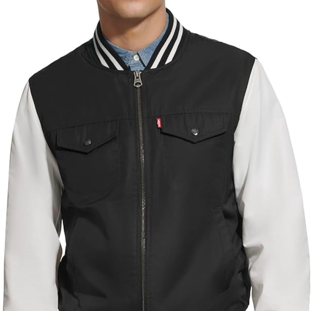 Levi's Men's Black White Colorblock Raglan Sleeve Varsity Jacket Size XL
